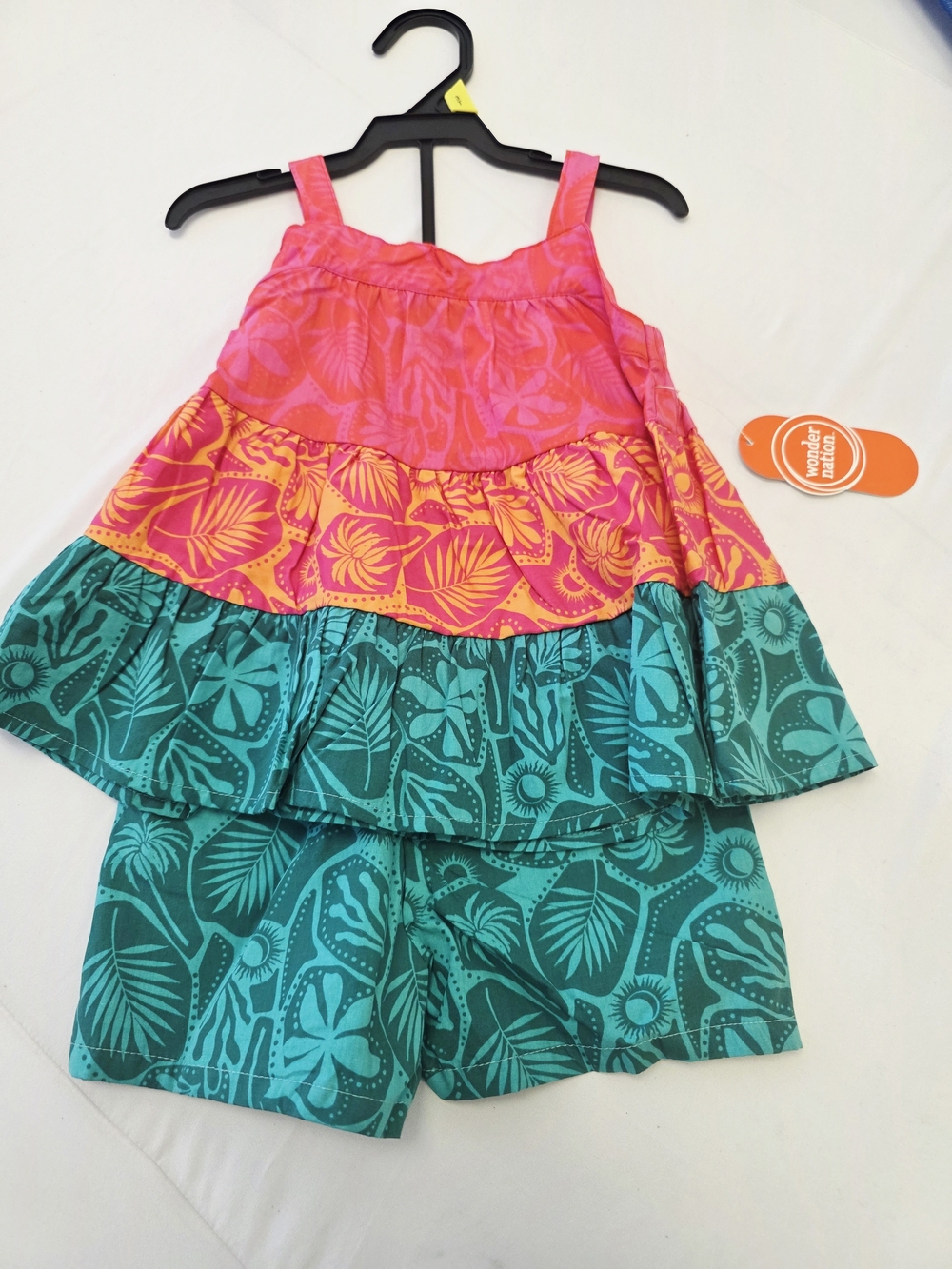 Wonder Nation Girls' Pink & Teal Tropical Tiered Shorts Set 3T